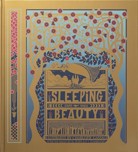 Gold cover of “Sleeping Beauty” book with floral and castle illustration.