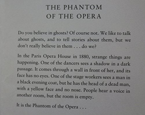Book cover detail: "The Phantom of the Opera" with introductory text.