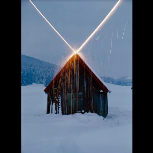 A small wooden hut in a snowy landscape with sparks raining from the roof.