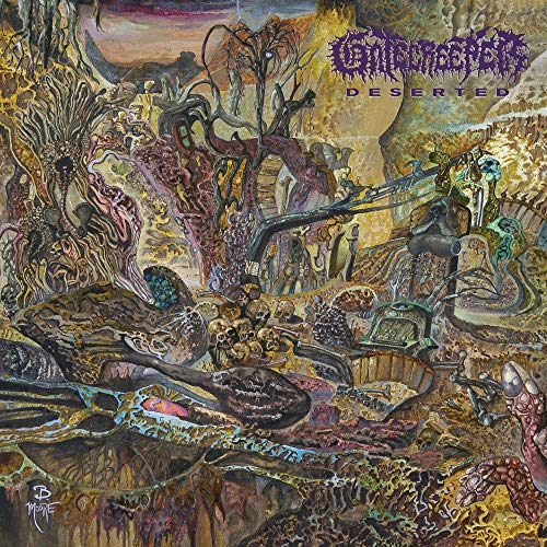 Gatecreeper "Deserted" album cover: detailed, surreal desert landscape with skeletons.