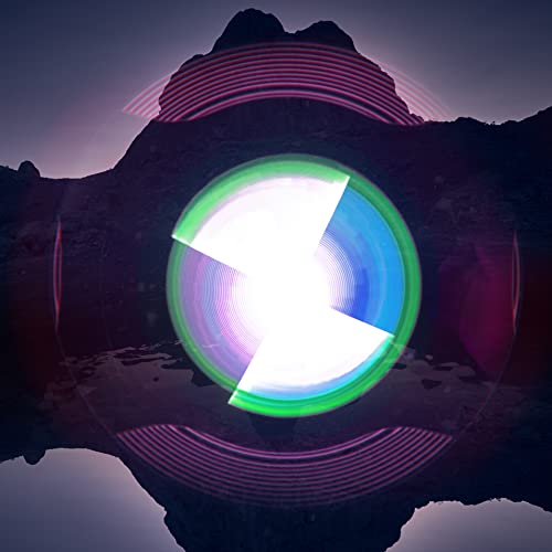 A bright glowing circular light effect centered against a dark mountain silhouette at dusk.