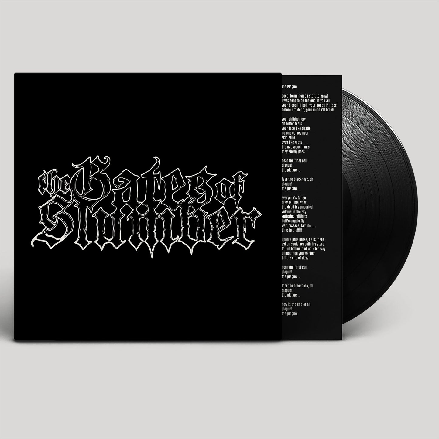 Black vinyl record with white text and ornate band logo on sleeve.
