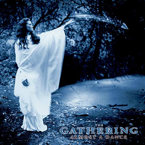 Woman in white dress reaching upwards near water, album cover.