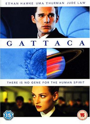 Gattaca DVD cover featuring Ethan Hawke, Uma Thurman, and planetary imagery.