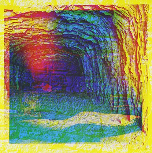 Abstract cave painting with vibrant, distorted colors and a central light source.