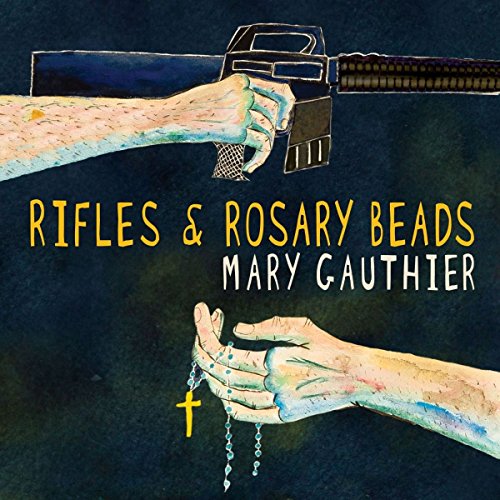 Hands holding a rifle and rosary beads on a dark blue background.