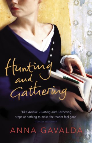 Book cover: woman holding an open book, titled “Hunting and Gathering.”
