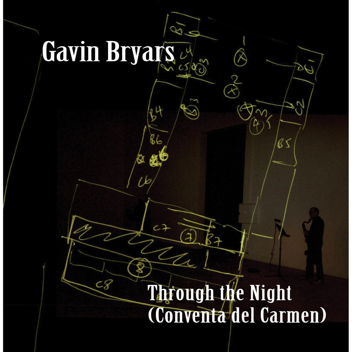 CD cover for Gavin Bryars’ “Through The Night” with sketched musical notes.