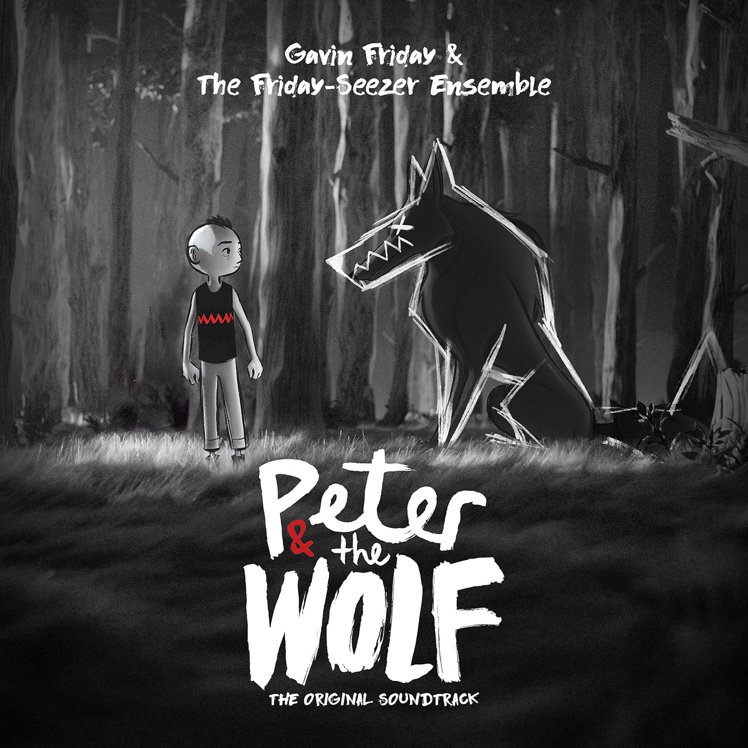CD cover for Gavin Friday’s “Peter and the Wolf” with illustrated forest scene.