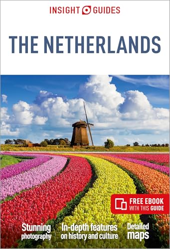 Travel guide cover featuring Dutch tulips, a windmill, and cloudy sky.