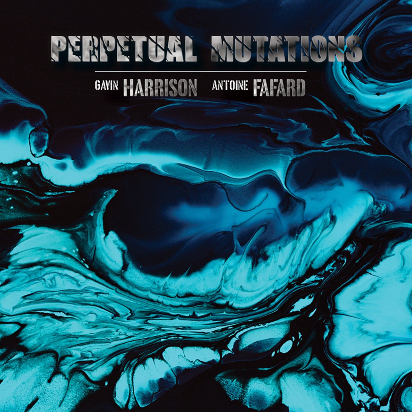 CD cover for "Perpetual Mutations" by Gavin Harrison & Antoine Fafar, abstract blue art.