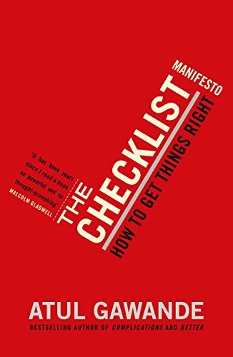 Book cover of The Checklist Manifesto by Atul Gawande with white text on red.