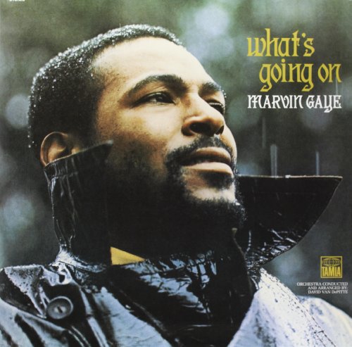 Marvin Gaye album cover, “What’s Going On,” portrait in a rain-slicked coat.