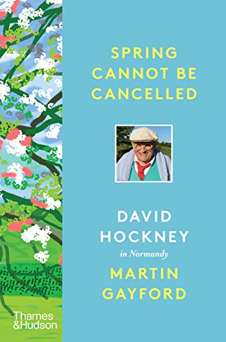 Book cover featuring artist David Hockney with blossoming branches.