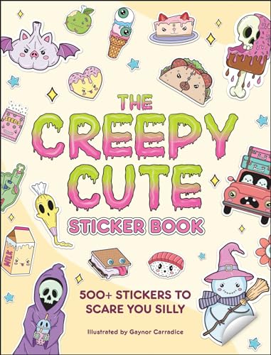 Colorful sticker book cover with cartoon monsters, food, and spooky themes.