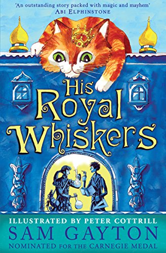 Book cover: orange cat wearing a crown over a blue, ornate background.