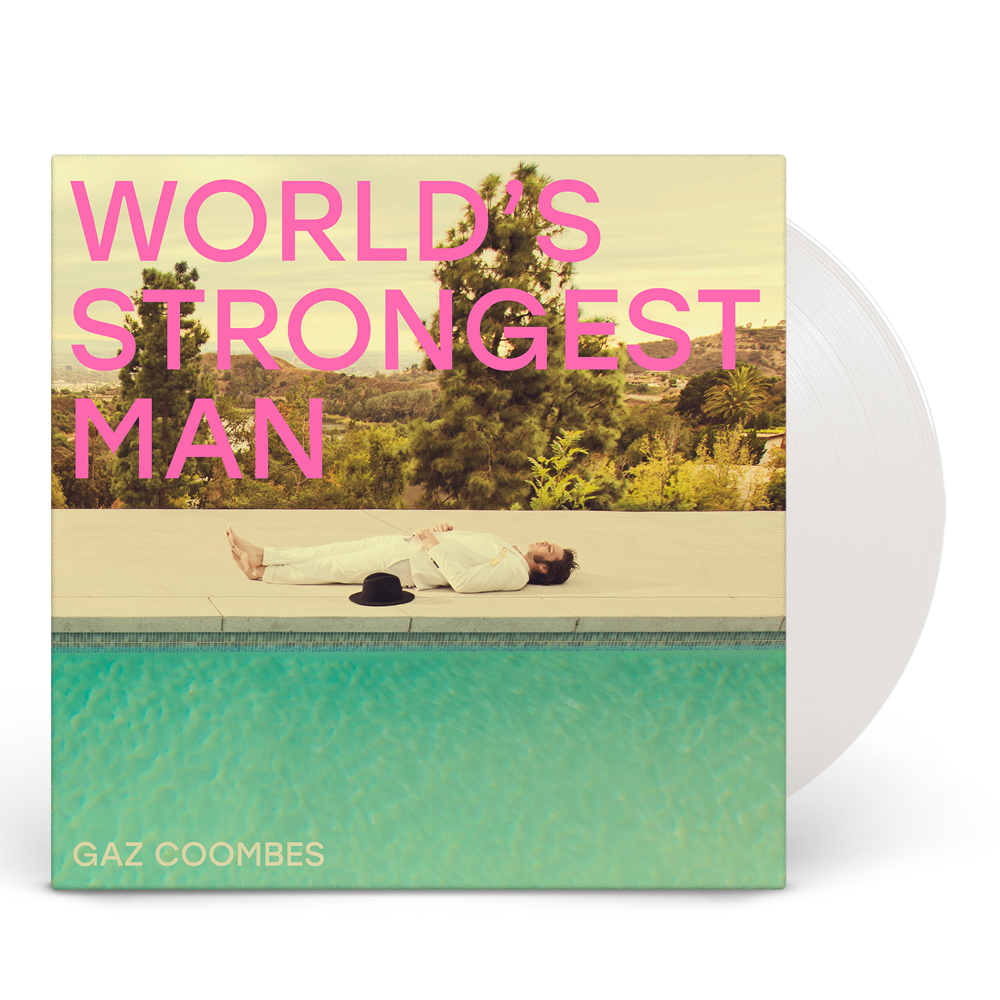 A white vinyl record with cover art featuring a man by a pool.