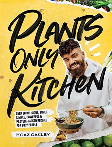 Cookbook cover with title “Plants Only Kitchen” and a man eating noodles.