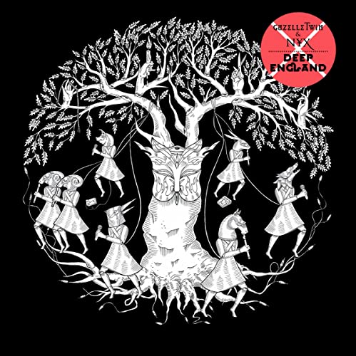 Black and white illustration of figures dancing around a tree with a face.