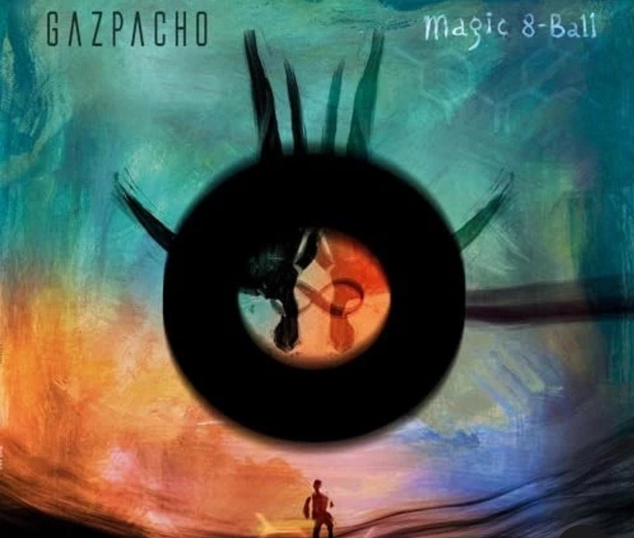 Album cover art featuring a black circular shape over a colorful, abstract painted background.