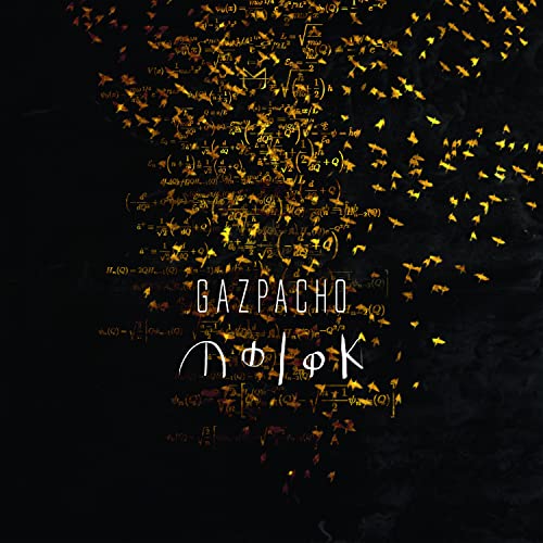 CD cover for Gazpacho’s “Molok” featuring golden equations and birds on black.