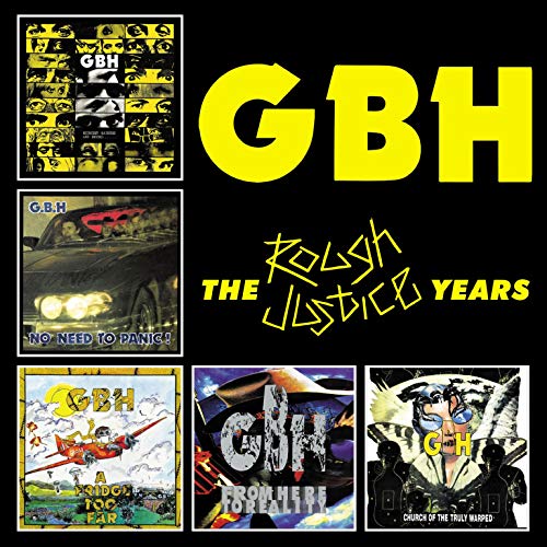 "CD cover with 'GBH' and 'The Rough Justice Years' text, featuring five album covers."