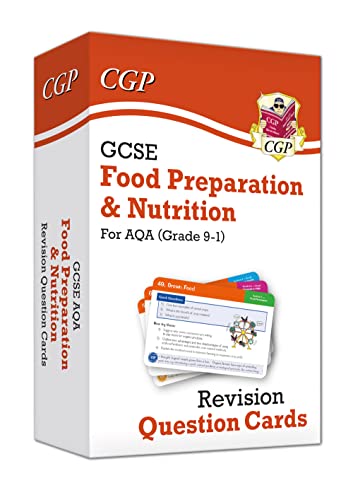 A box of CGP GCSE Food Preparation and Nutrition revision question cards for AQA.