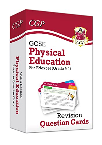 Red box of GCSE Physical Education revision question cards by CGP.