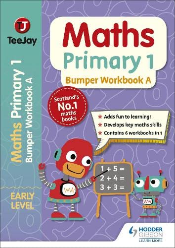 TeeJay Maths Primary 1 Bumper Workbook A cover featuring two cartoon robots and math.