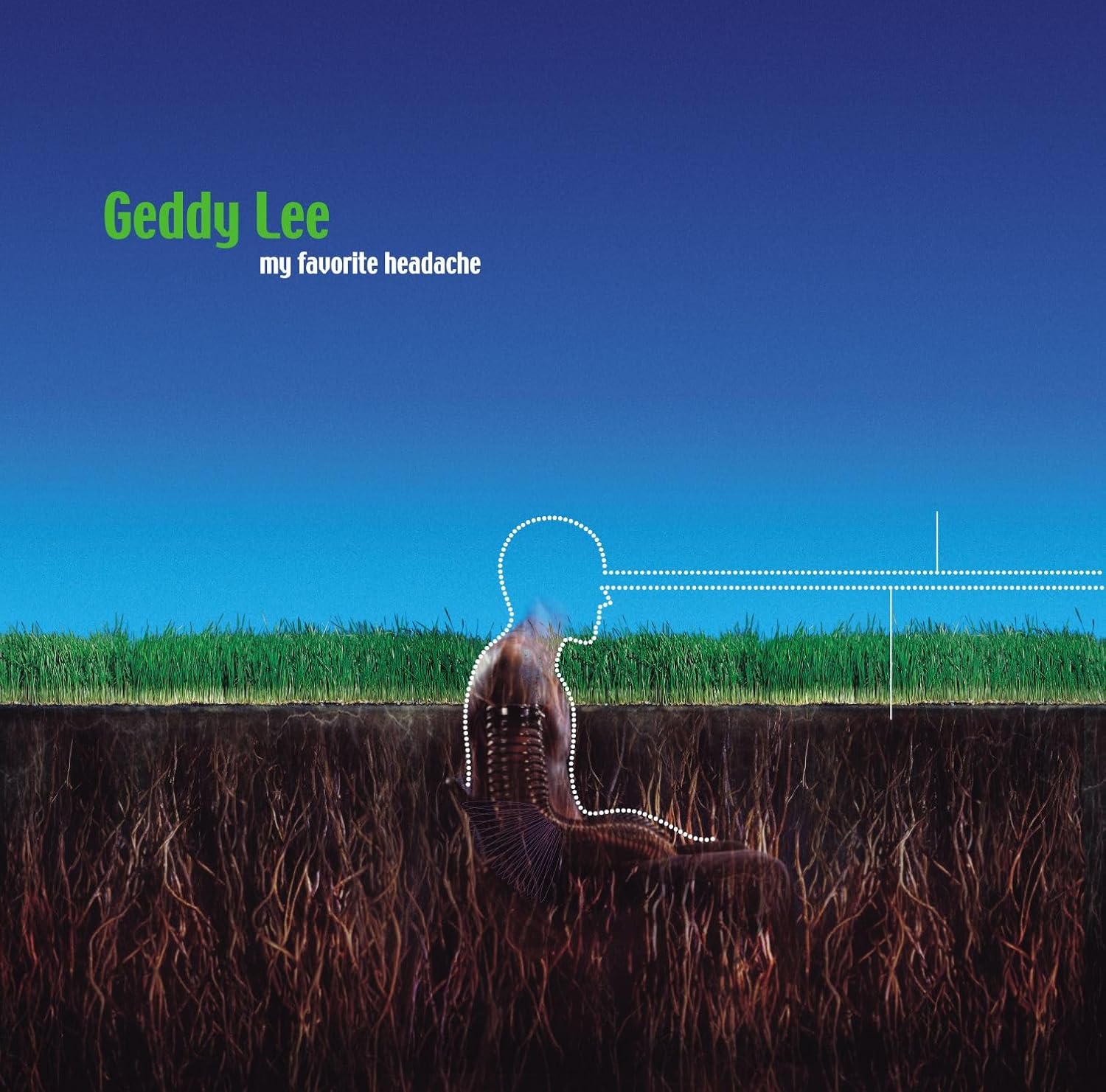 Album cover for Geddy Lee’s “My Favourite Headache” with a head emerging from soil.