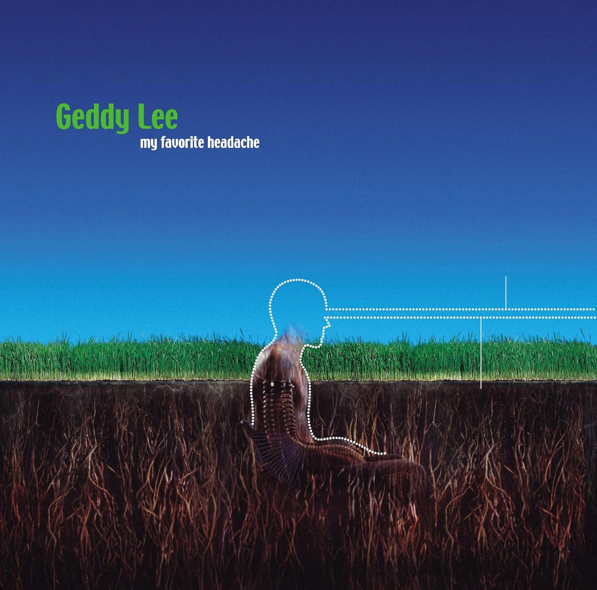 Album cover for Geddy Lee’s “My Favourite Headache” with a head emerging from soil.