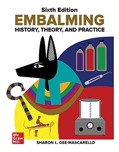 Textbook cover featuring Anubis, embalming tools, and colorful abstract design.