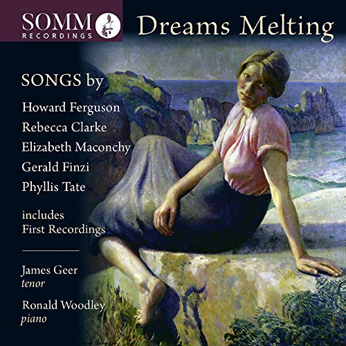 "Dreams Melting" CD cover featuring a woman sitting by the sea, classical music album.