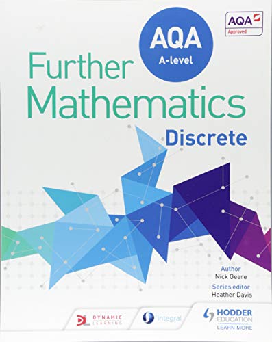 Textbook cover: AQA A Level Further Mathematics Discrete, with abstract geometric design.