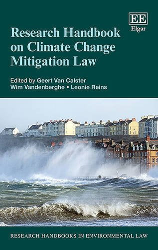 Book cover: “Research Handbook on Climate Change Mitigation Law” with coastal scene.
