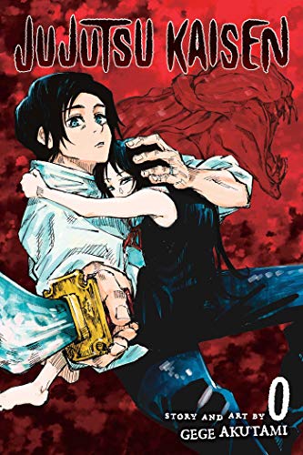 Jujutsu Kaisen 0" manga cover featuring two characters in a dramatic embrace.