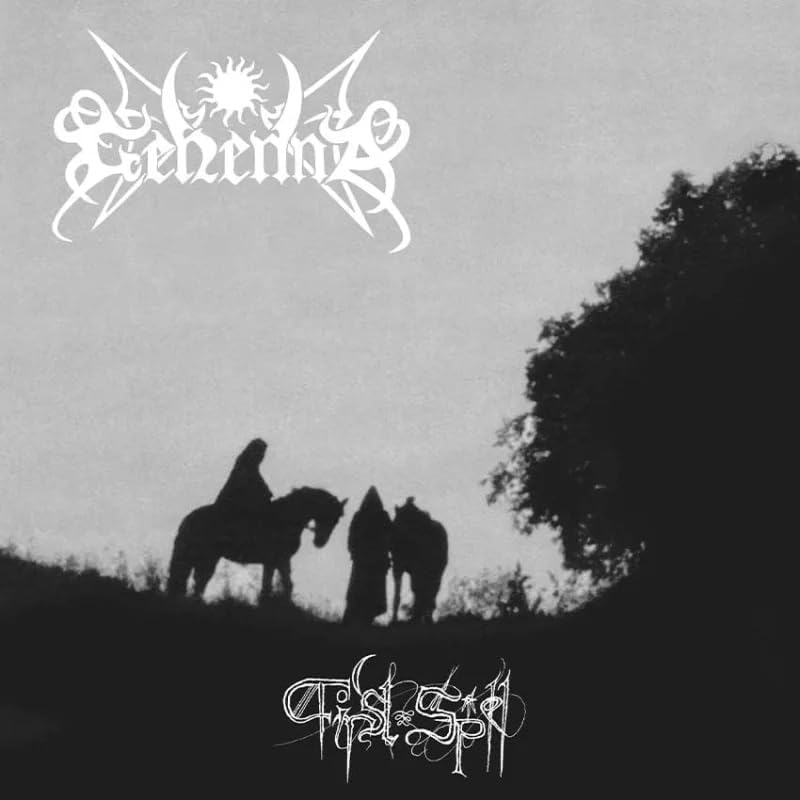 Black and white album cover with band logo, figures on horseback, and trees.