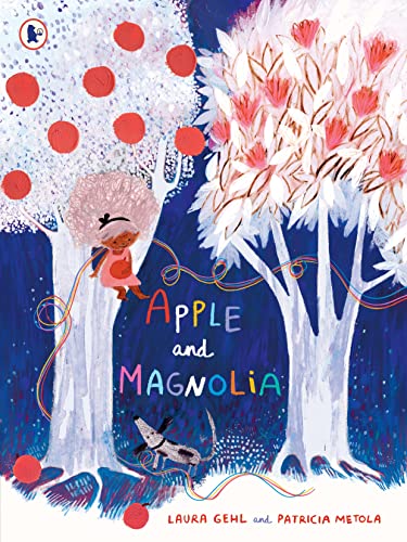 Book cover: girl with a skunk under apple and magnolia trees.