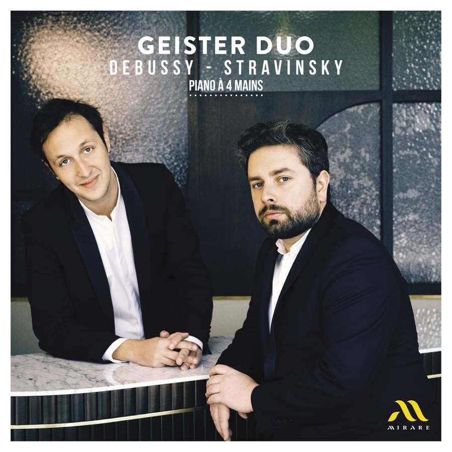 CD cover featuring two men, the Geister Duo, with text: Debussy/Stravinsky.