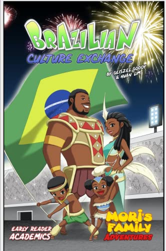 Cartoon cover for “Brazilian Culture Exchange” featuring diverse characters and fireworks.
