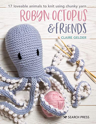 Knitting book cover featuring a grey, knitted octopus and pink yarn ball.
