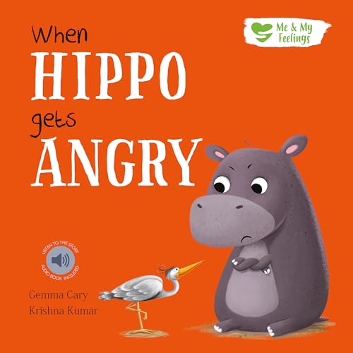 A grumpy cartoon hippo with crossed arms sits next to a heron on orange background.
