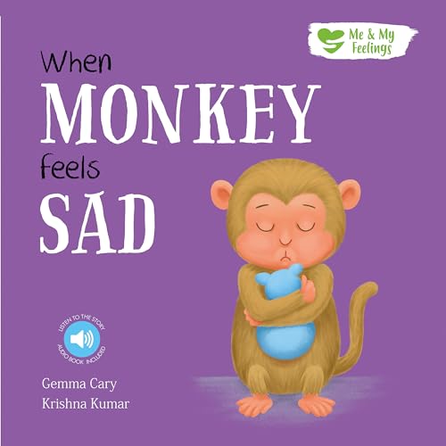 Book cover: sad monkey hugging a blue plush toy, purple background.