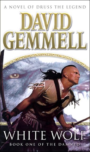 Book cover: warrior with sword, wolf’s eye in background, title “White Wolf”.