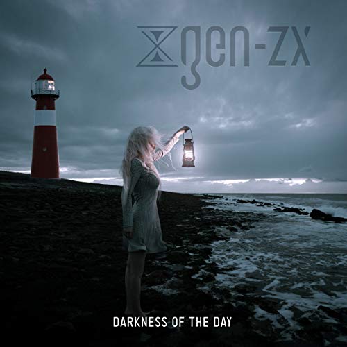CD cover: woman with lantern by lighthouse, stormy sea, dark sky.