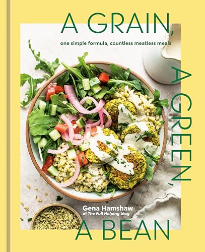 Cookbook cover featuring a bowl of grain, greens, and veggie patties with dressing.