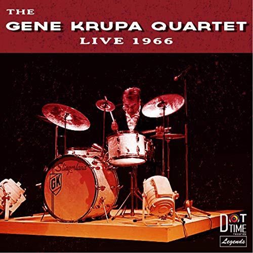 "CD cover with red tinted image of Gene Krupa playing drums on stage."