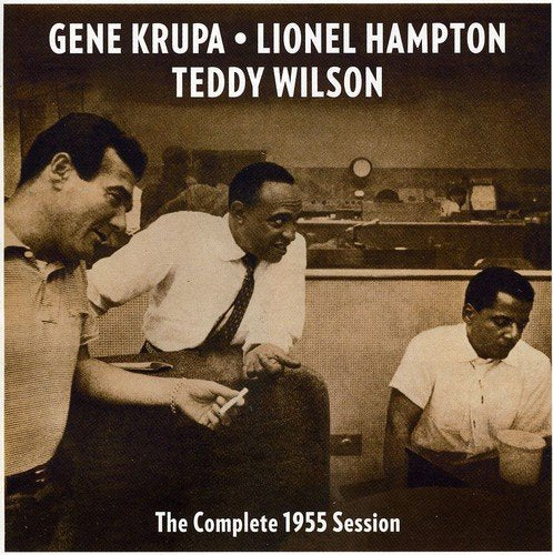 "Sepia-toned album cover with three men in a recording studio."
