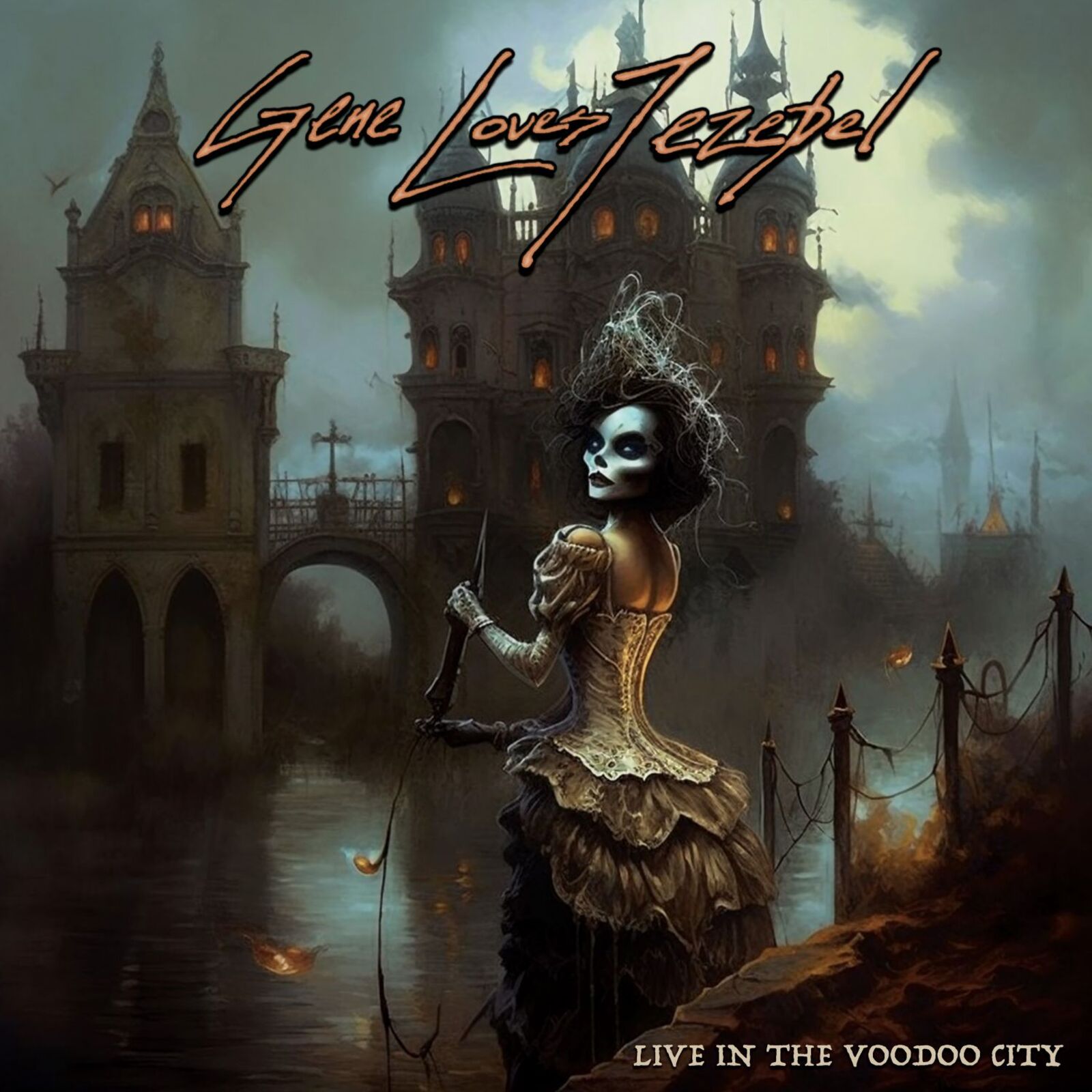 Album cover: ghostly woman with a knife before a gothic cityscape.
