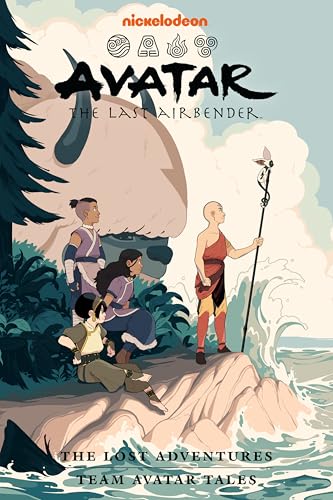 Aang, Katara, Sokka, and Toph stand on a rocky shore with Appa behind them.